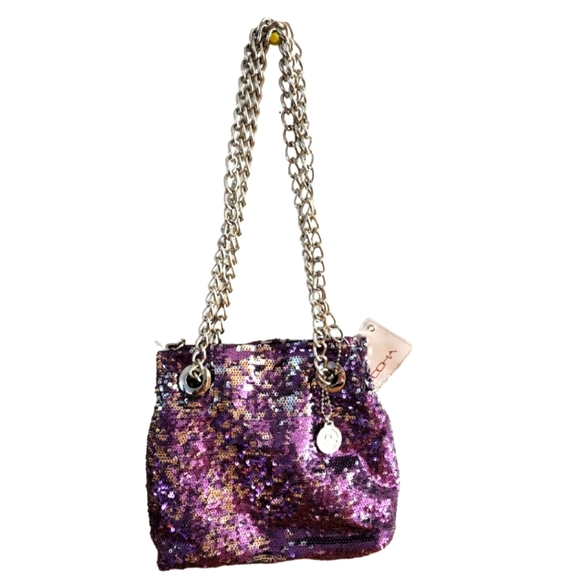 BIG BUDDHA Metallic Purple Silver Sequin Silver Chain Straps Slouchy Hobo Bag - Picture 1 of 13